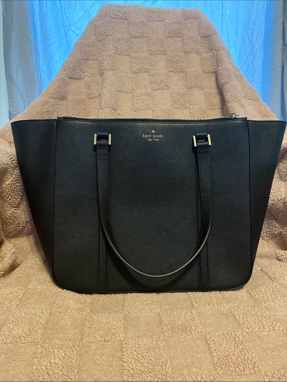 Kate Spade Black Leather Tote with Gold-Tone Accents